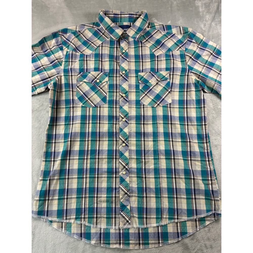 Wrangler Mens Western Shirt XL Teal Blue Plaid Short Sleeve Pearl Snap MVG238M